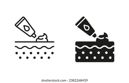 Facial Skin Care Treatment. Cosmetic for Beauty Skin Face Pictogram. Anti Aging Cream Line and Silhouette Black Icon Set. Cosmetology Moisturizer Symbol Collection. Isolated Vector Illustration.