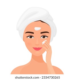 Facial skin care treatment. Face cream and moisturizing mask vector cartoon illustration