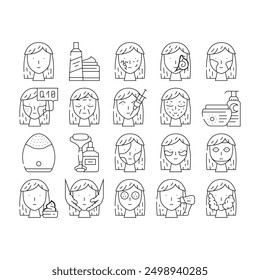 Facial Skin Care And Treatment Icons Set Vector. Couperose And Acne Face Skin Problem, Massage And Laser Lifting Beauty Spa Salon Procedure . Toner And Scrub Cosmetology Black Contour Illustrations