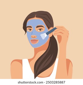 Facial skin care, a woman applies a clay mask with a brush. Facial cleansing, toning, cream mask. A beautiful woman takes care of her facial skin. Vector flat illustration for advertising, banner