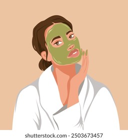 Facial skin care, woman applies and advertises anti-aging mask for glowing skin. A woman takes care of her facial skin. Vector illustration for advertising, website, banner, posters