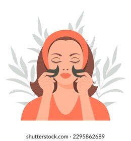 Facial skin care. A woman takes care of her skin. Cosmetic masks, patches, cream, lotion, soap, face mousse. Illustration, vector