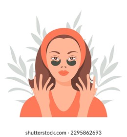 Facial skin care. A woman takes care of her skin. Cosmetic masks, patches, cream, lotion, soap, face mousse. Illustration, vector