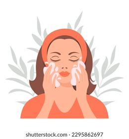 Facial skin care. A woman takes care of her skin. Cosmetic masks, patches, cream, lotion, soap, face mousse. Illustration, vector