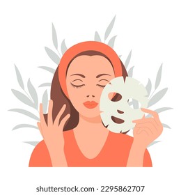 Facial skin care. A woman takes care of her skin. Cosmetic masks, patches, cream, lotion, soap, face mousse. Illustration, vector