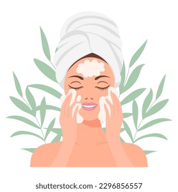 Facial skin care. A woman takes care of her skin. Cosmetic masks, patches, cream, lotion, soap, face scrub. Illustration, vector