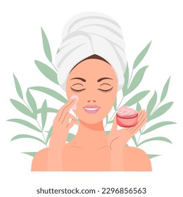 Facial skin care. A woman takes care of her skin. Cosmetic masks, patches, cream, lotion, soap, face scrub. Illustration, vector