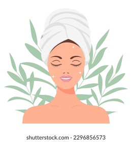 Facial skin care. A woman takes care of her skin. Cosmetic masks, patches, cream, lotion, soap, face scrub. Illustration, vector