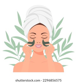 Facial skin care. A woman takes care of her skin. Cosmetic masks, patches, cream, lotion, soap, face scrub. Illustration, vector
