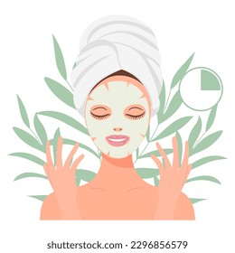 Facial skin care. A woman takes care of her skin. Cosmetic masks, patches, cream, lotion, soap, face scrub. Illustration, vector