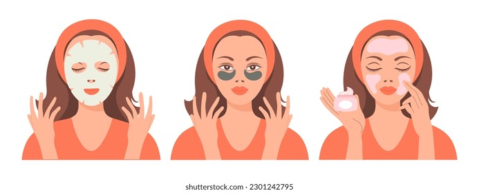 Facial skin care. A woman takes care of her skin. Cosmetic masks, patches, cream, lotion, soap, face mousse. Clip art set, vector