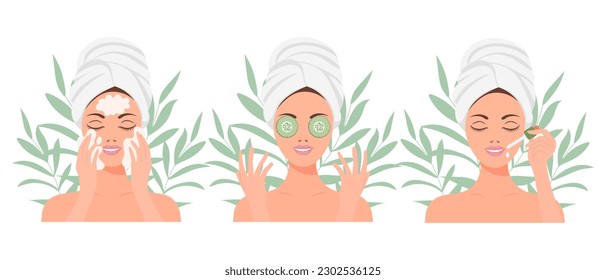 Facial skin care. A woman takes care of her skin. Cosmetic masks, patches, cream, lotion, soap, face mousse. Clip art set, vector