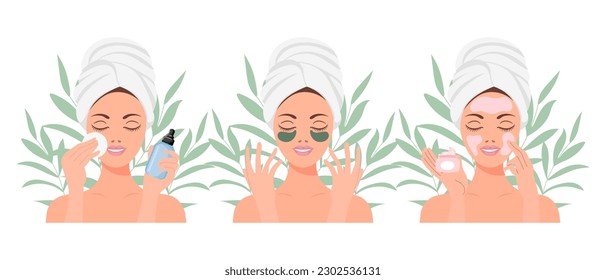 Facial skin care. A woman takes care of her skin. Cosmetic masks, patches, cream, lotion, soap, face mousse. Clip art set, vector