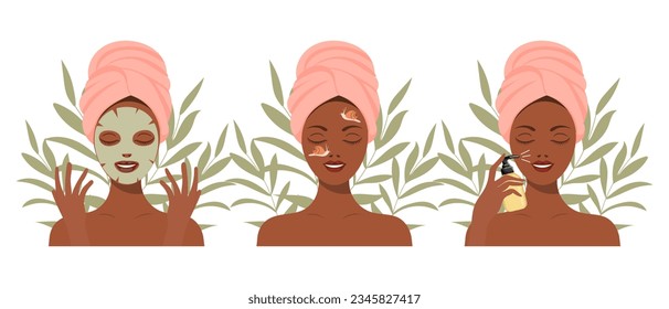 Facial skin care. A woman takes care of her skin. Cosmetic masks, patches, cream, lotion, soap, face mousse. Clip art set, vector