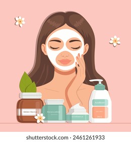 Facial Skin Care. A woman takes care of her skin. Cosmetic masks, cream, lotion, soap, face scrub. Illustration, vector