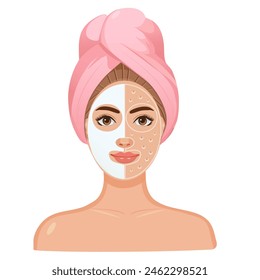 Facial skin care. Woman takes care of her skin. Cosmetic masks, cream, lotion, soap, face scrub. Illustration, vector	