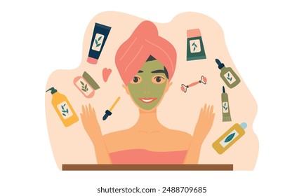 Facial skin care. A woman takes care of her skin. Cosmetic masks, patches, cream, lotion, soap, face scrub. Illustration, vector