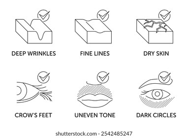 Ícones de problemas de pele facial definidos para a rotulagem de produtos cosméticos antiidade. Rugas profundas, linhas finas, pele seca. Também Corvos pés, Tom irregular e círculos escuros sob os olhos. Pictogramas em linha fina