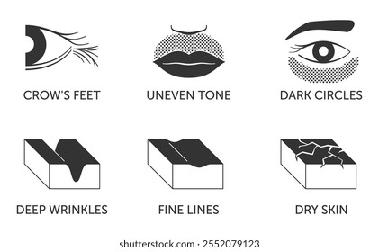 Facial skin problems icons set for labeling of Anti-age cosmetic products. Deep wrinkles, Fine lines, Dry skin. Also Crows feet, Uneven tone and Dark circles under eyes. Pictograms in monochrome style