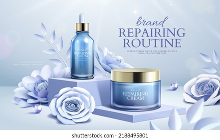 Facial skin repairing cream and lotion ad in 3d. Dropper bottle and glass jar on square stages with paper cut flowers on lavender background.