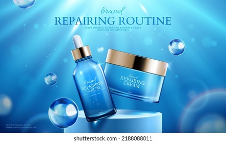 Facial skin repairing products ad in 3d. Glass jar and dropper bottle floating on podium in water with sunshine.