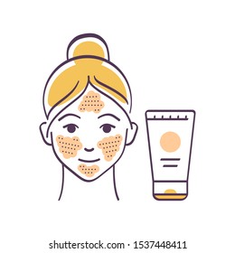 Facial skin scrubbing color line icon. Young female and plastic tube with scrub. Skin care. SPA, Cosmetic procedures. Pictogram for web page, mobile app. UI/UX/GUI design element. Editable stroke.