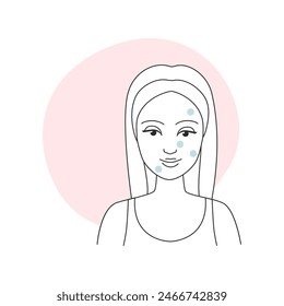 Facial skin of teenager with acne problem, girl with pimples line icon vector illustration