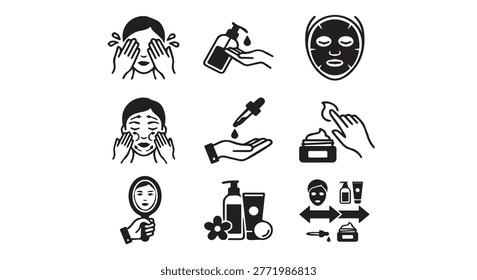 Facial skincare routine instruction icon set for beauty care with skincare