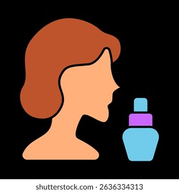 Facial spray icon. Woman's profile next to cosmetic bottle, skincare product, beauty routine, facial treatment, personal care.