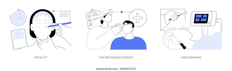 Conjunto de ilustración de vector conceptual abstracto de cirugía facial. Levante de párpados, cirugía de reemplazo de pelo, remodelación de la nariz, blefaroplastia antienvejecida, tratamiento de alopecia, metáfora abstracta de operación de rinoplastia.