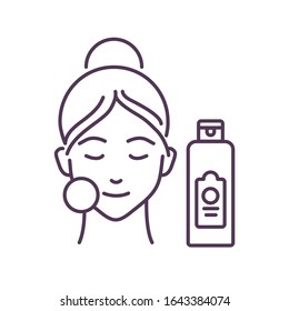 Facial toning black line icon. Young female and tonic and sponge. Skin care. Cosmetic procedures. Pictogram for web page, mobile app, promo. UI UX GUI design element. Editable stroke.