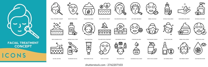 Facial Treatment Concept Icon set. Beauty Facial Mask, Organic Face Cream, Skin Hydration Therapy, Rejuvenating Facial Care, Anti Aging Treatment, Herbal Face Pack and Natural Facial Serum