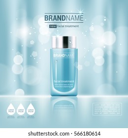 Facial treatment cream realistic vector illustration isolated on blue bokeh background. Cosmetic add mock up template for sale poster design