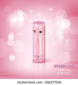 Facial treatment cream realistic vector illustration isolated on pink bokeh background. Cosmetic add mock up template for sale poster design