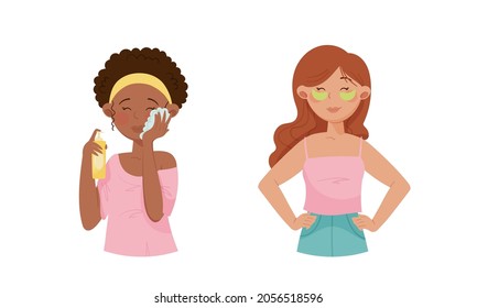 Facial treatment procedures set. Beautiful young woman applying eye gel patches and and cleansing her face cartoon vector illustration