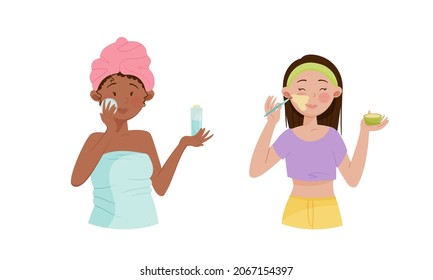 Facial treatment procedures set. Beautiful young women applying cosmetic products cartoon vector illustration