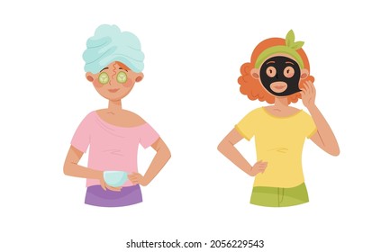 Facial treatment procedures set. with towel on her head and round slices of cucumber in her eyes, girl applying charcoal face mask cartoon vector illustration