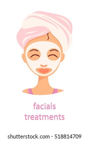 Facial treatments vector illustration on blue background with text