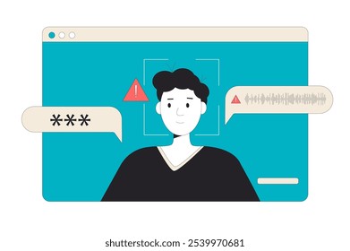 Sistema de reconocimiento facial y de voz. Deepfake ataque concepto de problema en línea aislado en el fondo blanco. Vector dibujado a mano ilustración plana