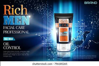 Facial wash ads, cosmetic tube with splashing liquid and glittering blue background in 3d illustration