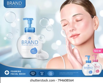 Anuncios faciales, lavado facial espumoso con una mujer atractiva espuma en la cara, boquilla y fondo azul brillante en 3d ilustración