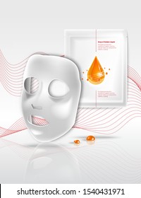 Facial White Sheet cosmetic cloth face mask and sachet package with Falling drop of golden liquid and shiny molecules around. Beauty product packaging design for skin care emulsion, cream, serum