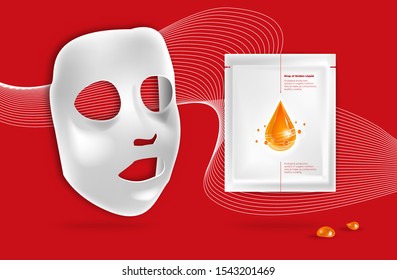 Facial White Sheet cosmetic cloth face mask and sachet package with Falling drop of golden liquid and shiny molecules around. Beauty product packaging design for skin care emulsion, cream, serum