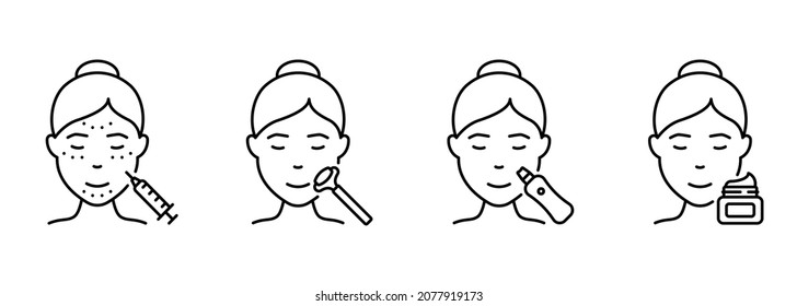 Icono De La Línea De Procedimiento De Belleza Facial De La Mujer. Masaje facial con rodillo, inyección, pictograma lineal de limpieza ultrasónica. Icono de contorno de cuidado de la piel de niña. Stroke editable. Ilustración de vectores aislados.