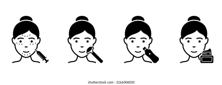 Facial Woman Beauty Procedure Silhouette Icon. Facial Massage with Roller, Injection, Ultrasonic Cleansing Black Pictogram. Girl Face Skin Care Icon. Isolated Vector Illustration.