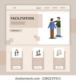 Facilitation flat landing page website template. Conflict resolution, mentoring, project management. Web banner with header, content and footer. Vector illustration.