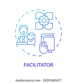 Facilitador azul gradiente concepto icono. Personal dirigiendo las discusiones. Comunicación abierta. Ilustración de línea de forma redonda. Idea abstracta. Diseño gráfico. Fácil de usar en material promocional