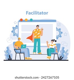 Facilitator concept. Guided team engagement for optimized meeting productivity. Leadership in collaborative environments. Flat vector illustration.