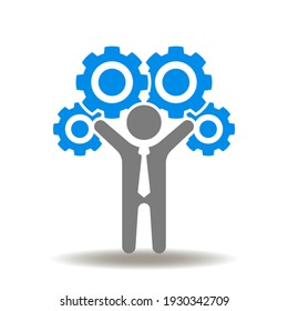 Facilitator hands up and gears mechanism over head vector icon. Facilitation symbol.