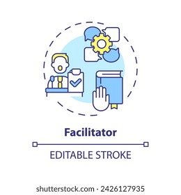 Facilitador multi color concepto icono. Personal dirigiendo las discusiones. Comunicación abierta. Ilustración de línea de forma redonda. Idea abstracta. Diseño gráfico. Fácil de usar en material promocional